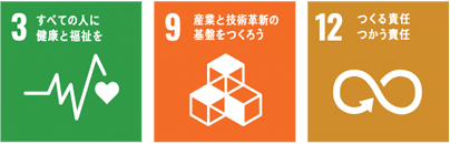 3 すべての人に健康と福祉を 9 産業と技術革新の基盤をつくろう 12 つくる責任つかう責任